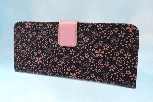 桜格子の印伝 黒ピンク　 長財布P